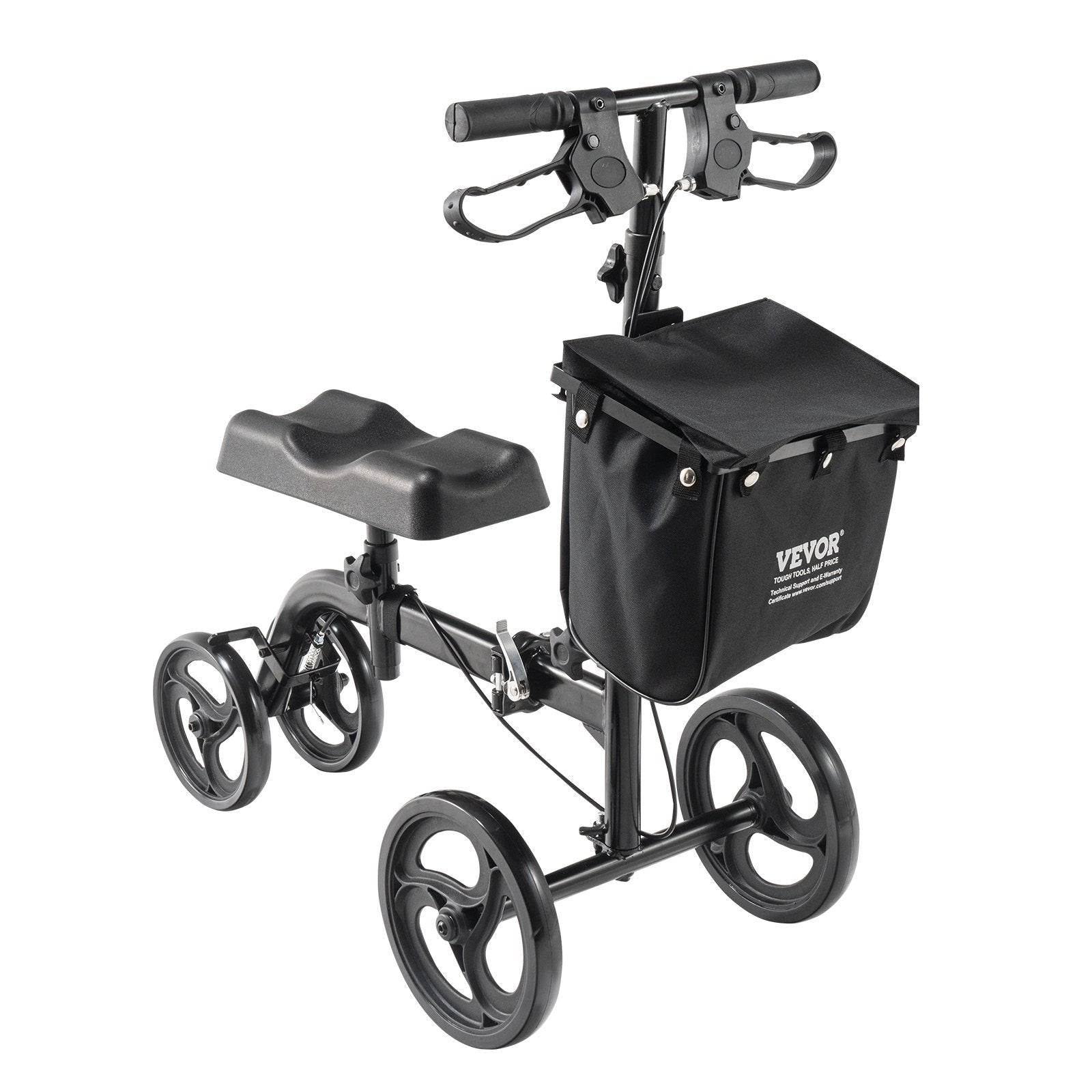 Hlpmedical folding knee scooter with adjustable handlebar, knee pad, all-terrain wheels, and dual brakes for foot injury recovery.
