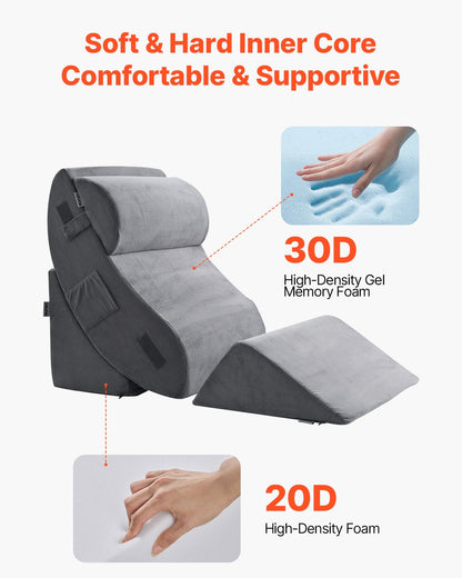 Dark grey wedge pillow set by Hlpmedical for sleeping, supports neck, back, and legs, ideal for post-surgery, acid reflux, and snoring relief.