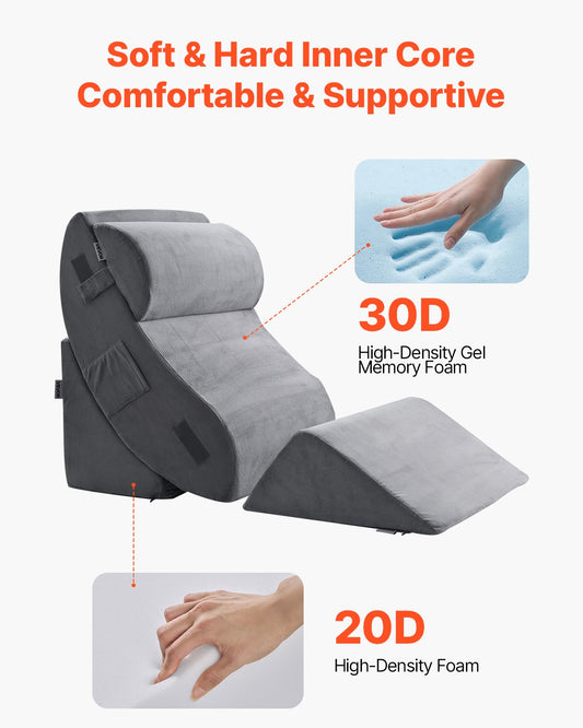 Dark grey wedge pillow set for sleeping, supports legs, neck, and shoulders, ideal for post-surgery, acid reflux, and snoring relief.