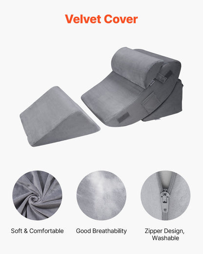 Adjustable dark grey wedge pillow set for sleeping, supporting neck, back, and legs for post-surgery or acid reflux relief.