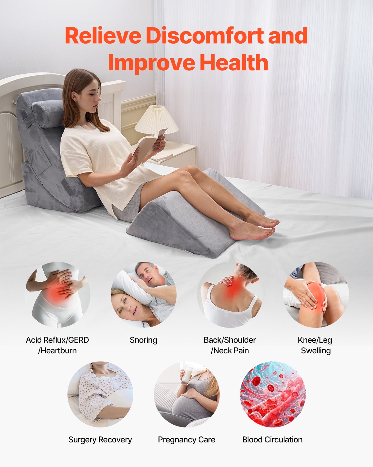 Orthopedic wedge pillow set for sleeping with support for neck, back, and legs, dark grey, ideal for post-surgery or acid reflux relief.