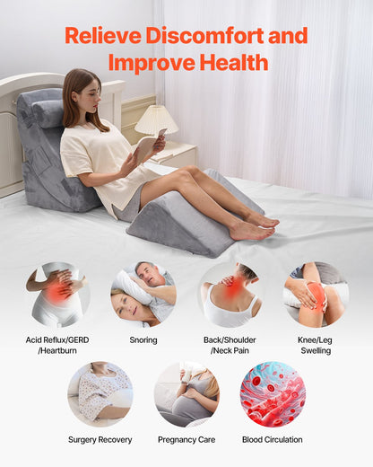 Orthopedic wedge pillow set for sleeping with support for neck, back, and legs, dark grey, ideal for post-surgery or acid reflux relief.