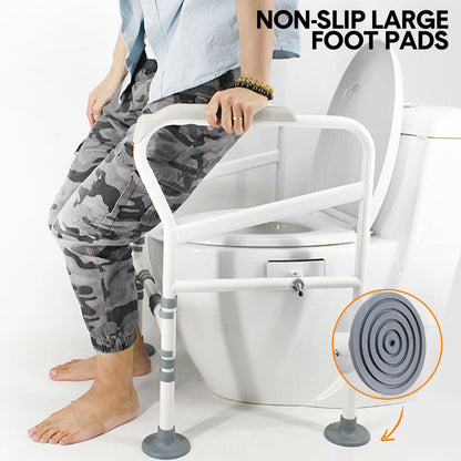 Adjustable Hlpmedical toilet safety frame with grab handle for elderly and disabled, supports up to 150kg for mobility aid.