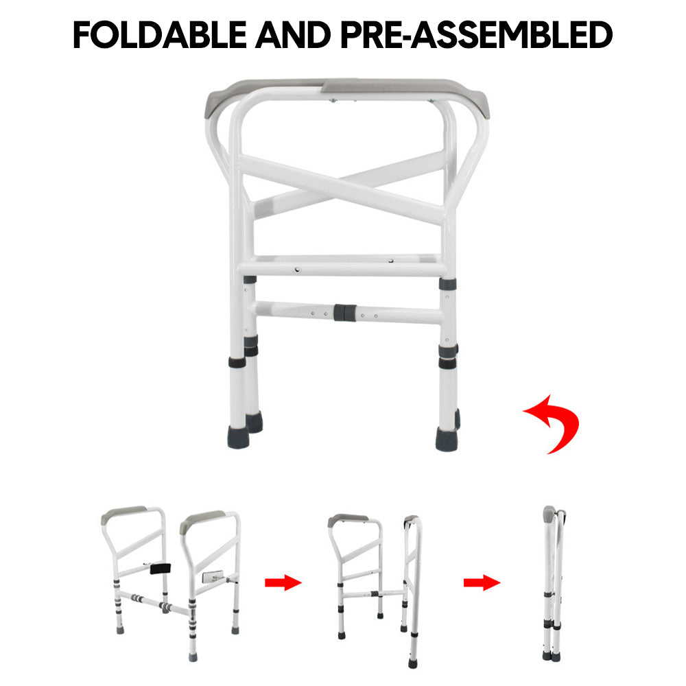 Adjustable Hlpmedical toilet safety frame with grab handle for elderly and disabled, supports up to 150kg for added stability.