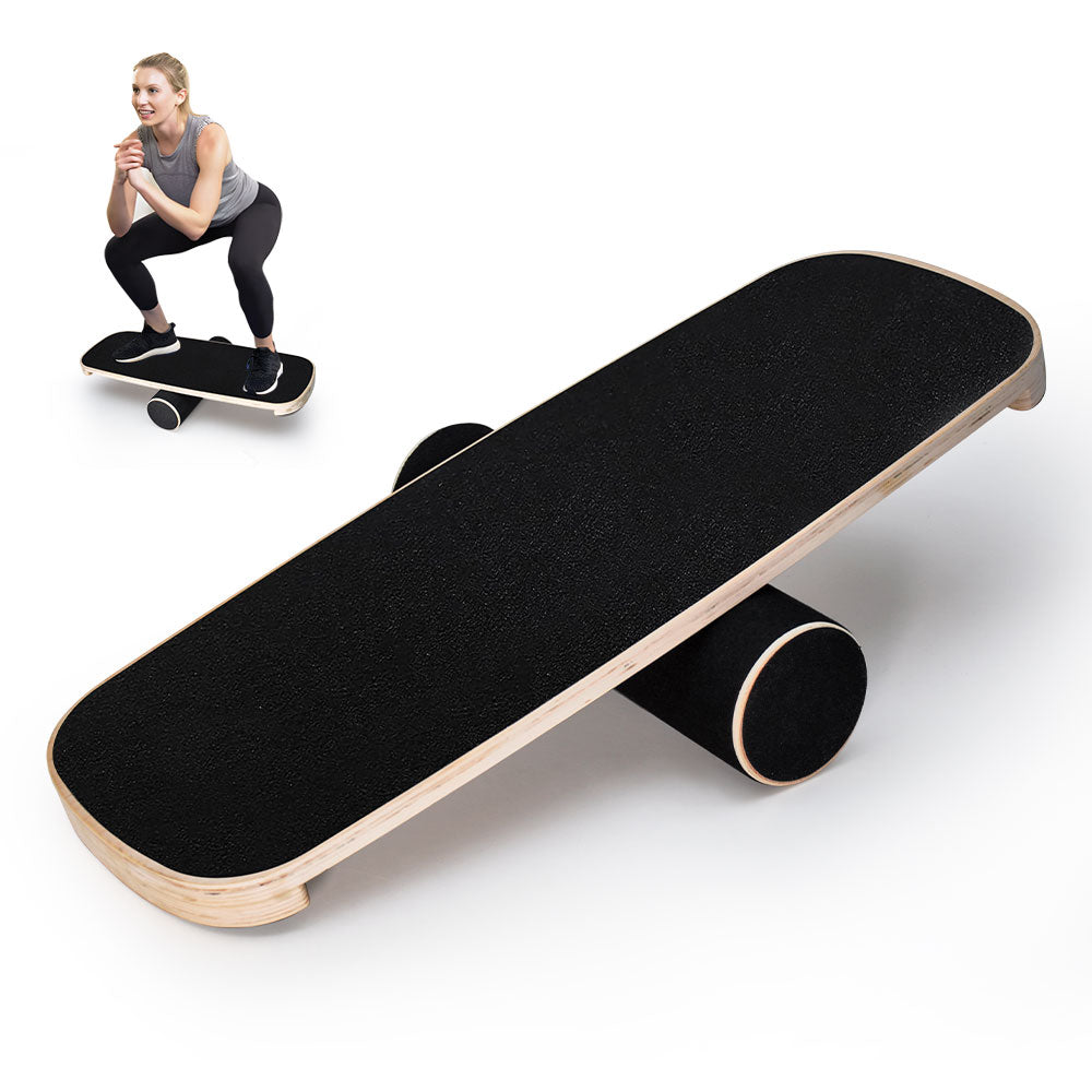 Wooden balance board with non-slip roller for home fitness, improves core stability for snowboard, skateboard, yoga, and training.