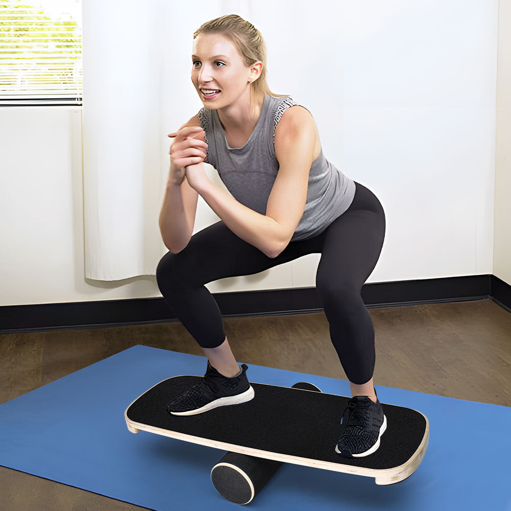 Wooden balance board with non-slip roller for home fitness, core stability, and training, supporting up to 200kg.
