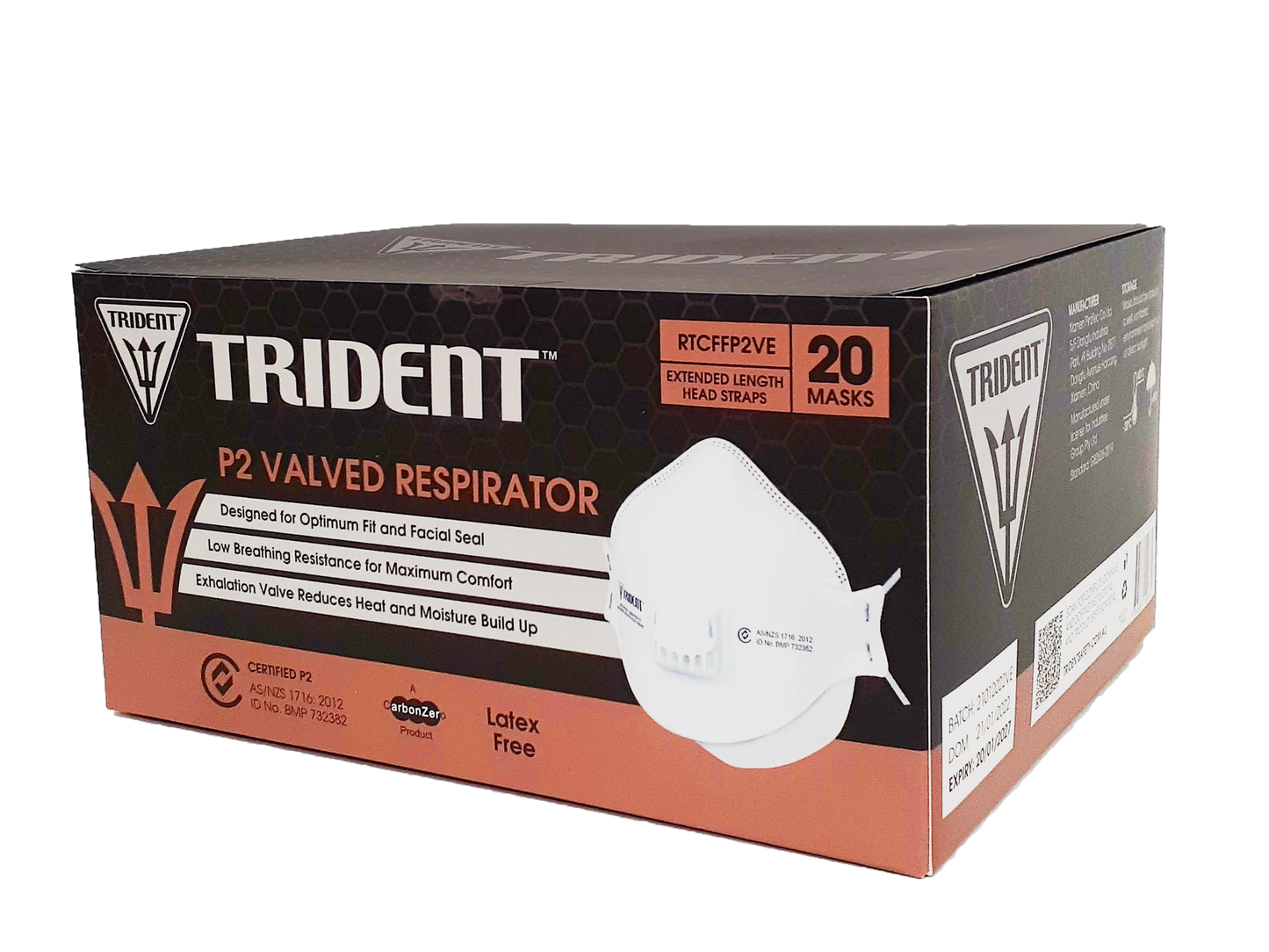 Trident P2 Valved Respirator Industrial Grade Extended Length Head Straps Level 3 (1Box/20masks)