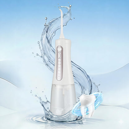 Devanti cordless water flosser in white for oral hygiene, shows handheld device with nozzle for dental cleaning.