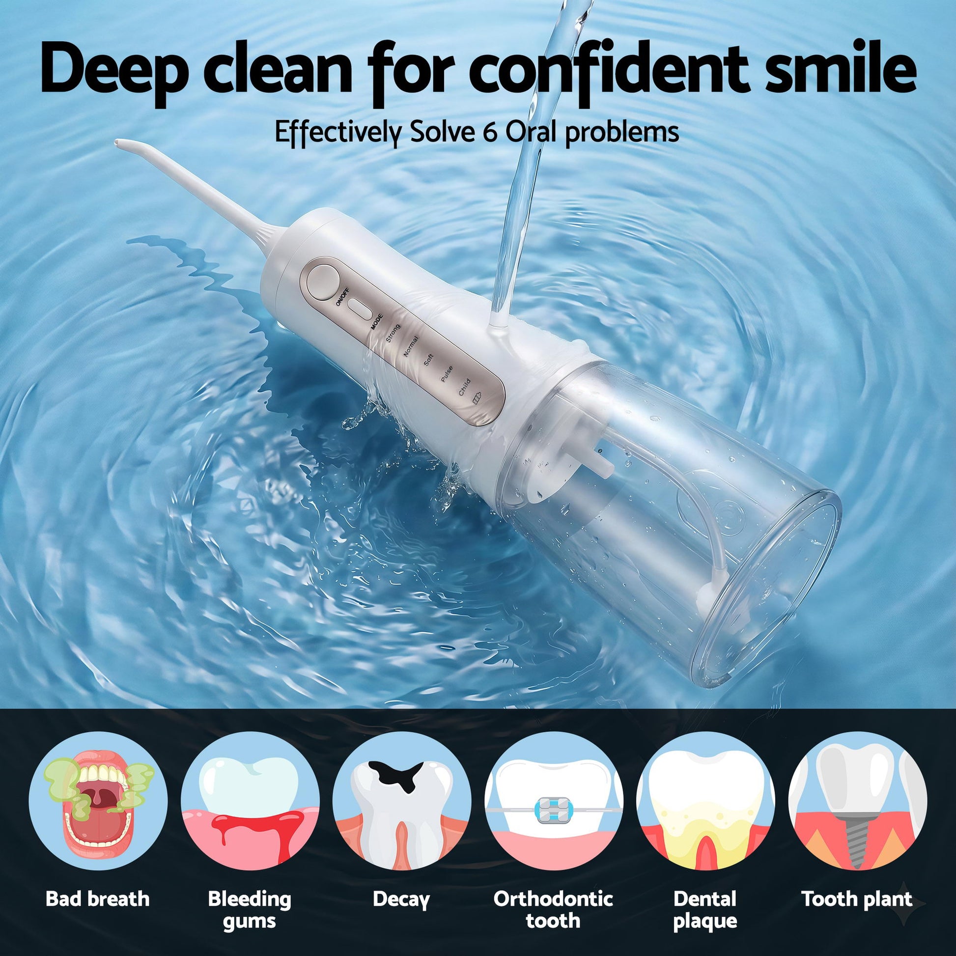 Devanti white cordless water flosser for oral hygiene, compact dental irrigator for effective plaque removal and gum health.