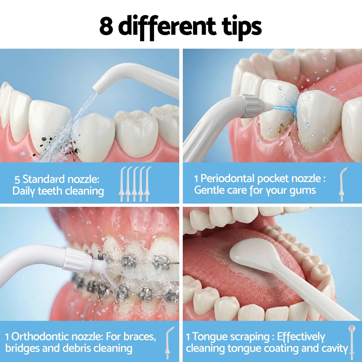 White Devanti cordless water flosser oral irrigator with adjustable water pressure for effective dental cleaning.