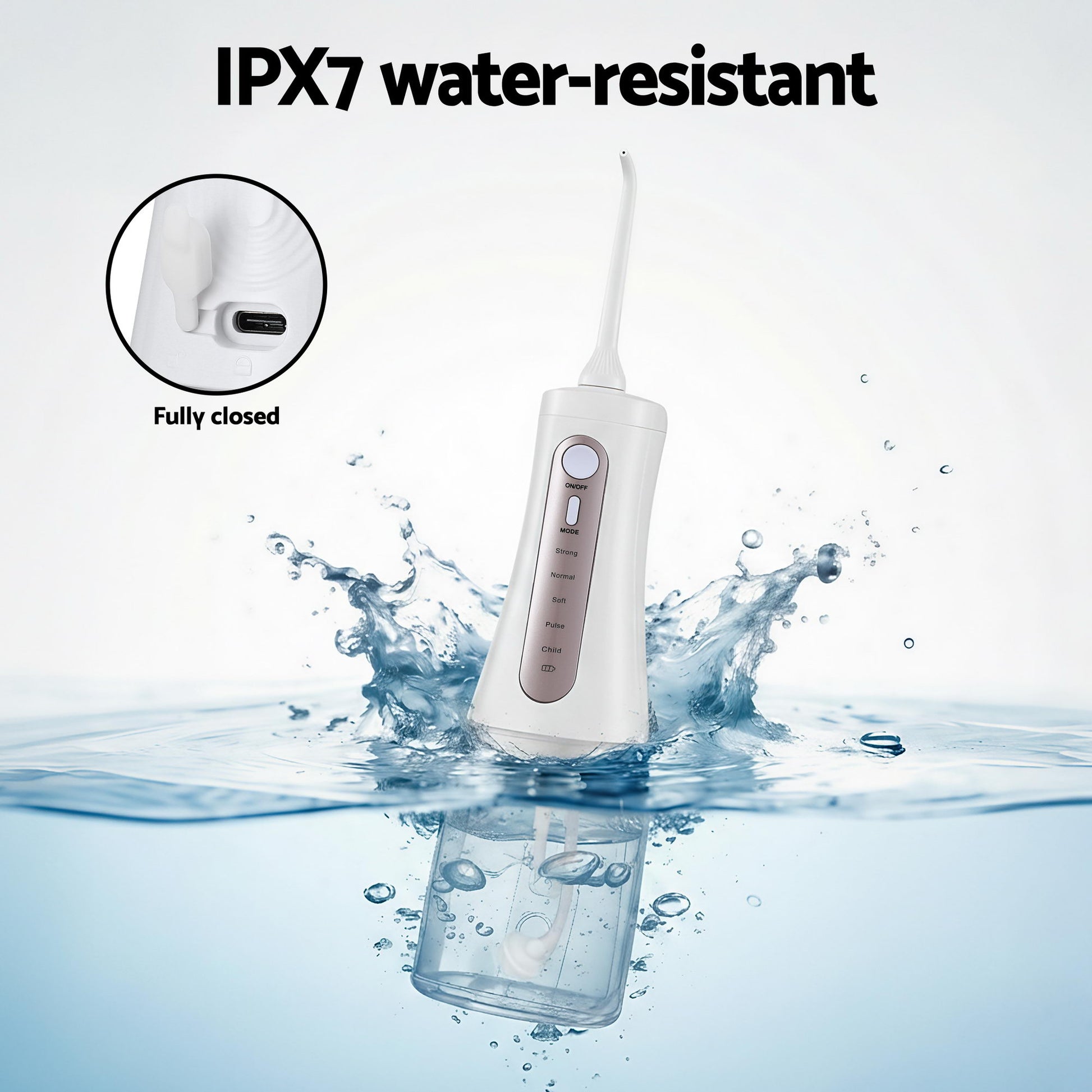 Devanti cordless water flosser in white with ergonomic handle and water reservoir, ideal for effective oral hygiene and gum care.