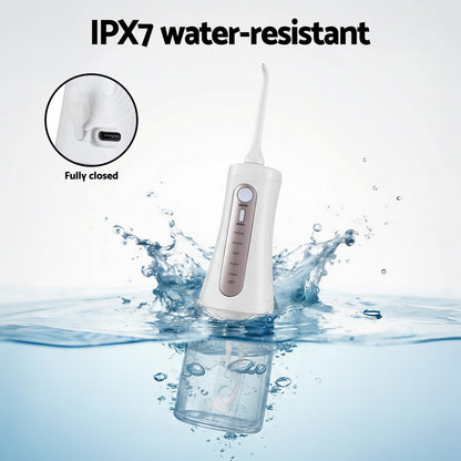 Devanti cordless water flosser in white with ergonomic handle and water reservoir, ideal for effective oral hygiene and gum care.