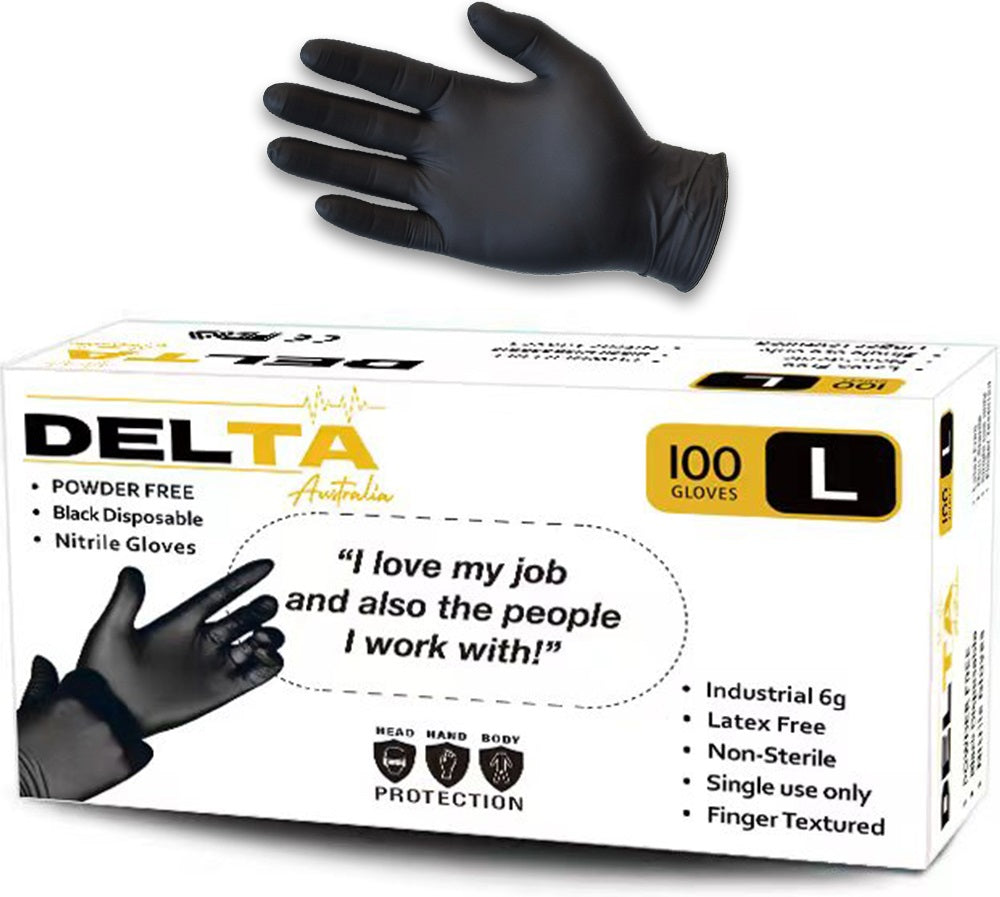 Box/100 Delta Industrial Powder free Black Nitrile Gloves 6gm