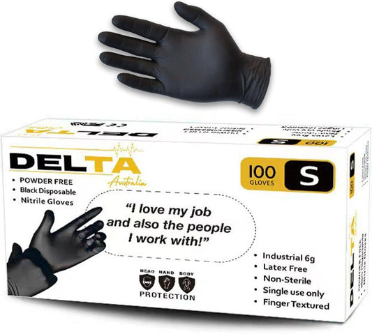 Box of 100 black nitrile gloves by Hlpmedical, powder-free, 6 grams each, suitable for medical or industrial use.