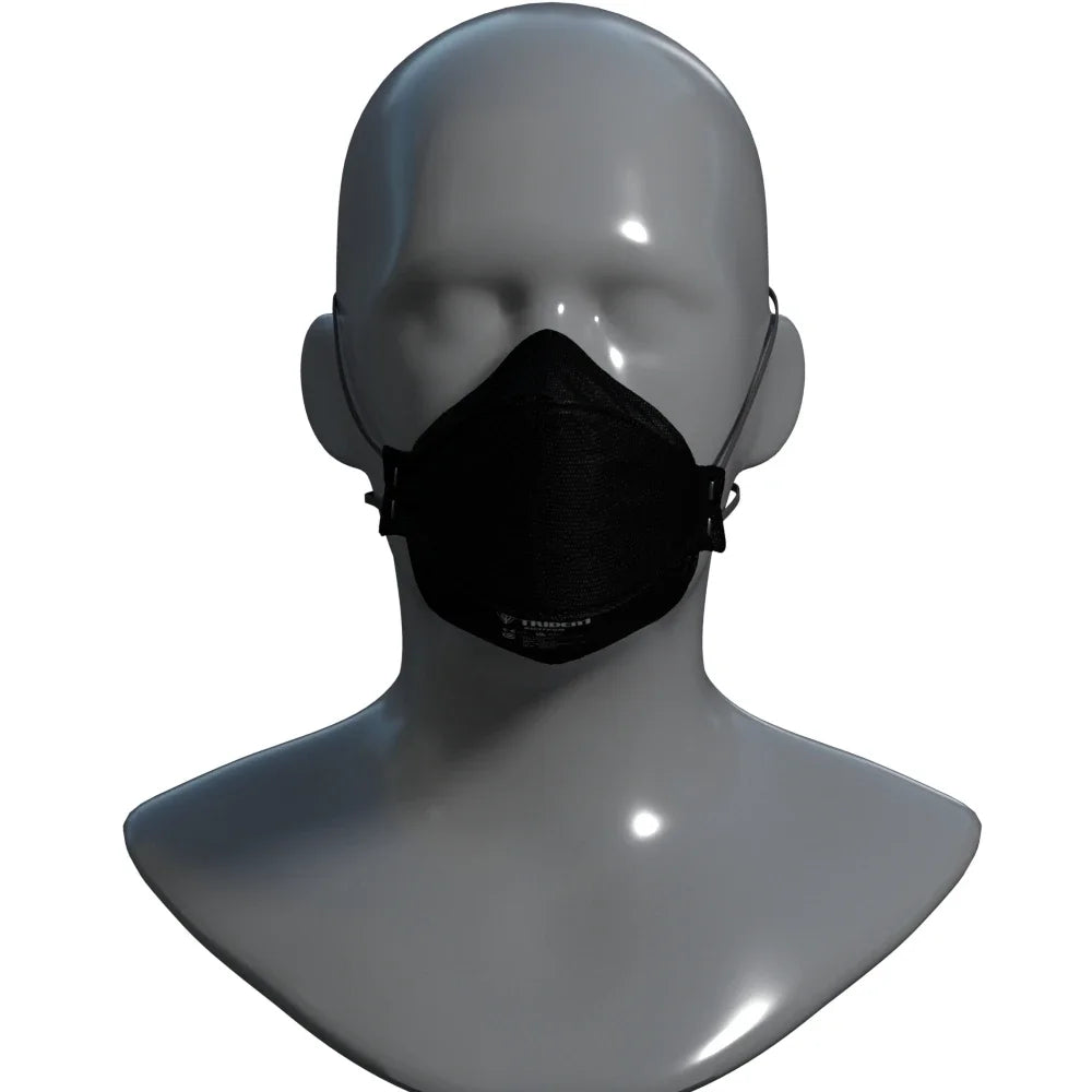 Front view of Hlpmedical Trident Project 3 FFP3 black face mask respirator, showing the mask's shape and adjustable straps.