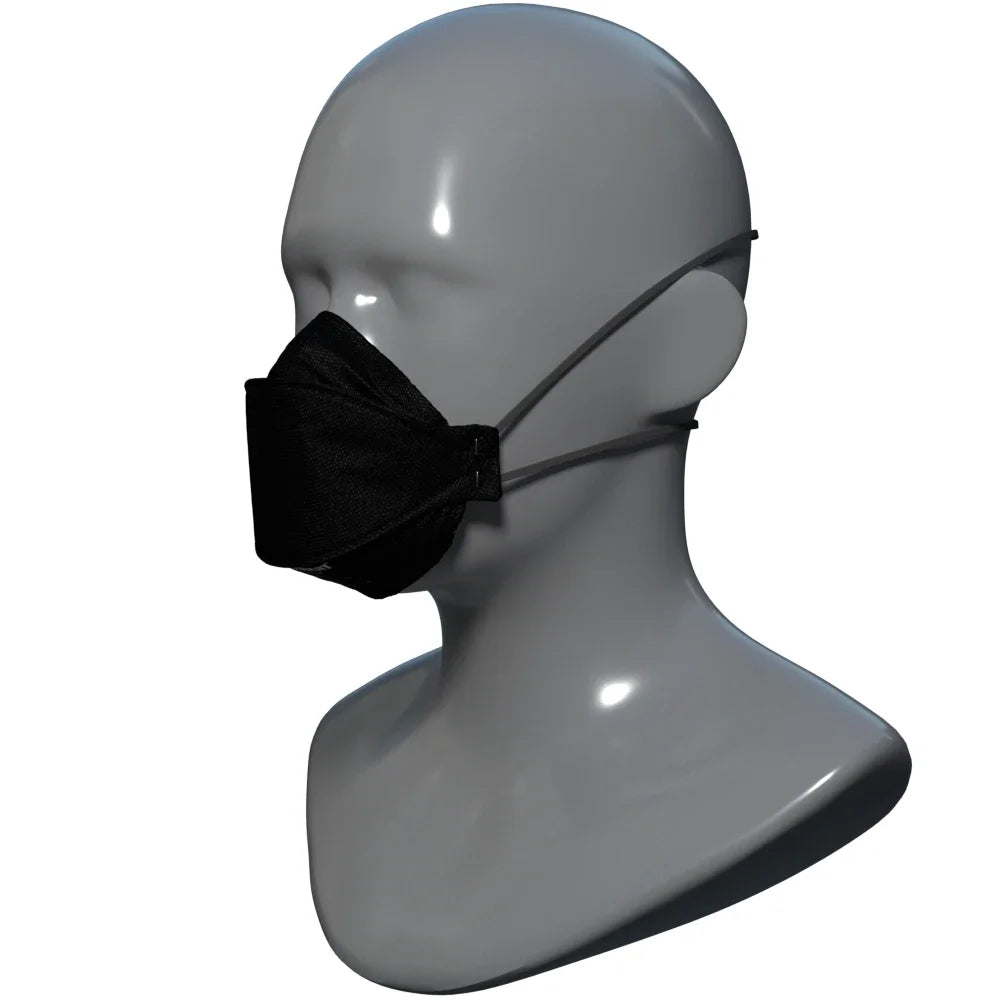Side view of Hlpmedical Trident Project 3 FFP3 black face mask respirator, shown from head-2 side, designed for respiratory protection.