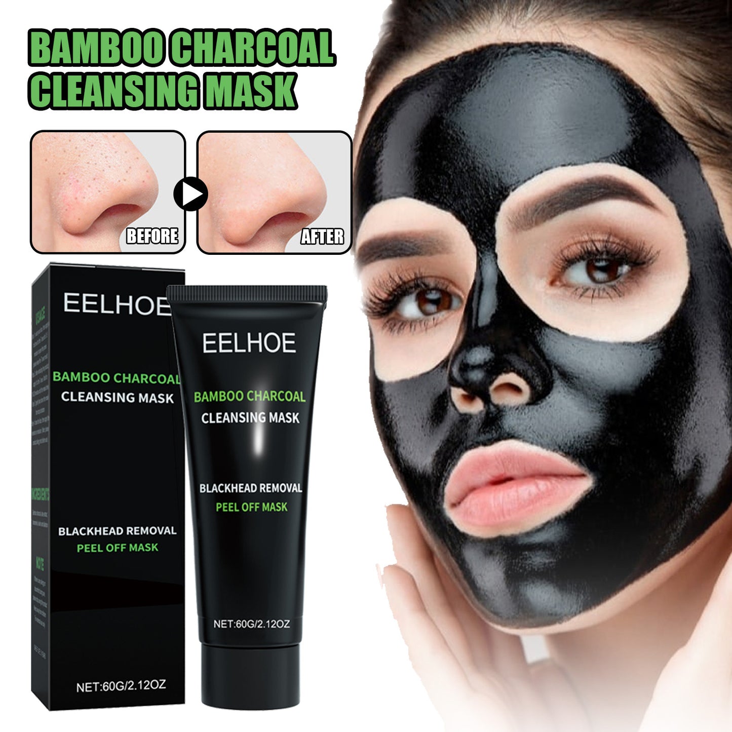 EELHOE bamboo charcoal peel-off mask for deep pore cleansing and T-zone oil control, beauty treatment for clear skin.