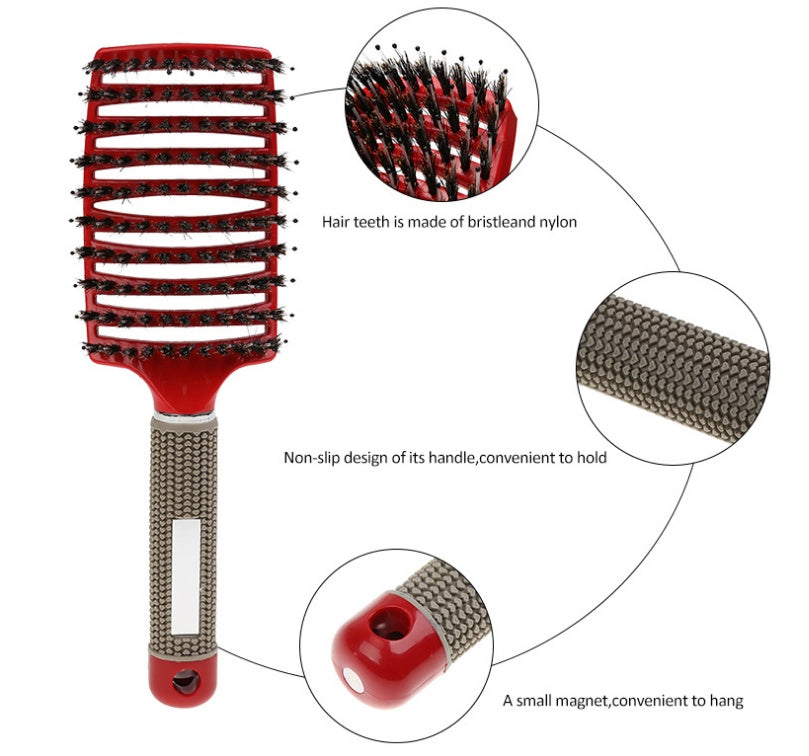 Black HLP Medical Supplies anti-knot hairbrush with nylon bristles, scalp massage features, detangler, and teasing comb for women.