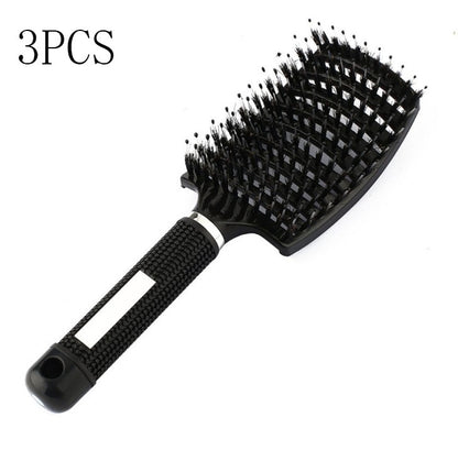 Black HLP Medical Supplies anti-knot hairbrush with nylon bristles, scalp massage features, used as a detangler and teasing comb for women.