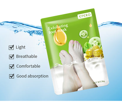 Green exfoliating foot mask socks by HLP Medical Supplies for removing dead skin, whitening heels, and peeling cracked foot skin.