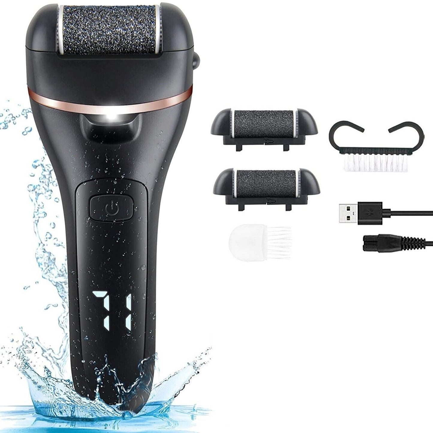Electric foot grinder and callus remover by HLP Medical Supplies with 3 roller heads for cracked heels and dead skin removal.