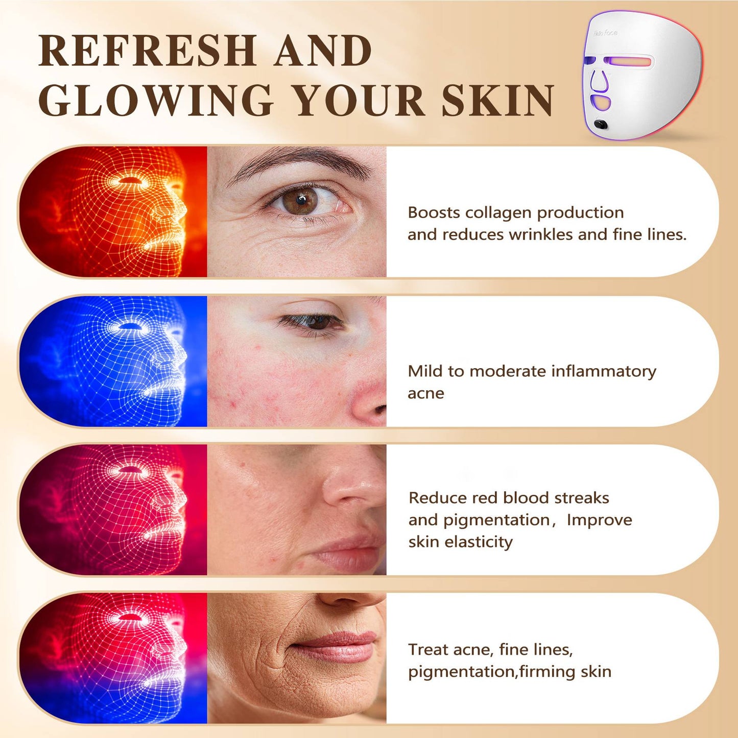 White LED face mask for facial care with red light therapy, ideal for home and travel, by HLP Medical Supplies.