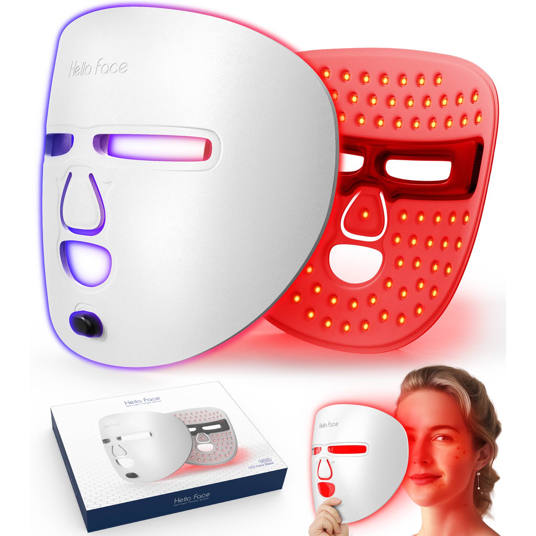 White LED face mask for facial care, red light therapy beauty tool by HLP Medical Supplies, ideal for home and travel use.