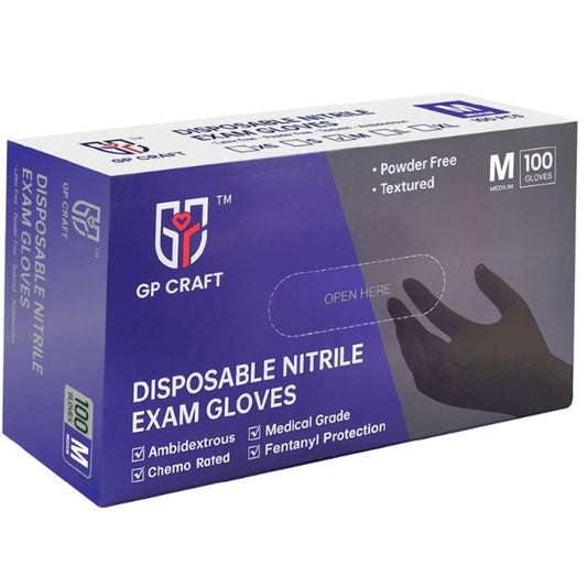 Black disposable medical gloves from Ding Qing GP51 series by HLP Medical Supplies, made for healthcare and safety use.