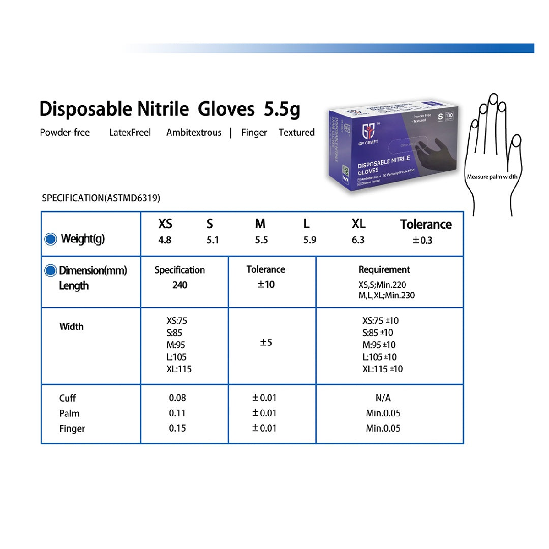 Black disposable medical gloves from Ding Qing GP51 series by HLP Medical Supplies, featuring a thick, durable design.