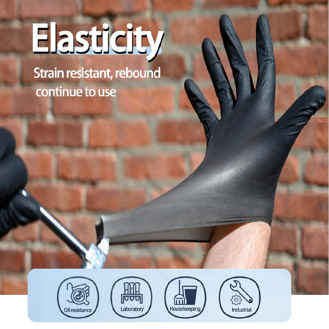Black disposable Ding Qing gloves GP51 by HLP Medical Supplies, made of thick medical-grade material, shown in a close-up image.