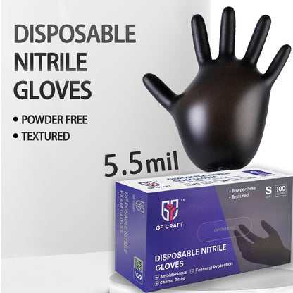 Black disposable medical gloves from Ding Qing GP51 series by HLP Medical Supplies, shown in a close-up image.