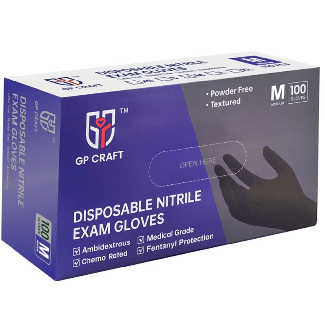 Black disposable medical gloves from Ding Qing GP51 series by HLP Medical Supplies, showing the textured surface and fit.