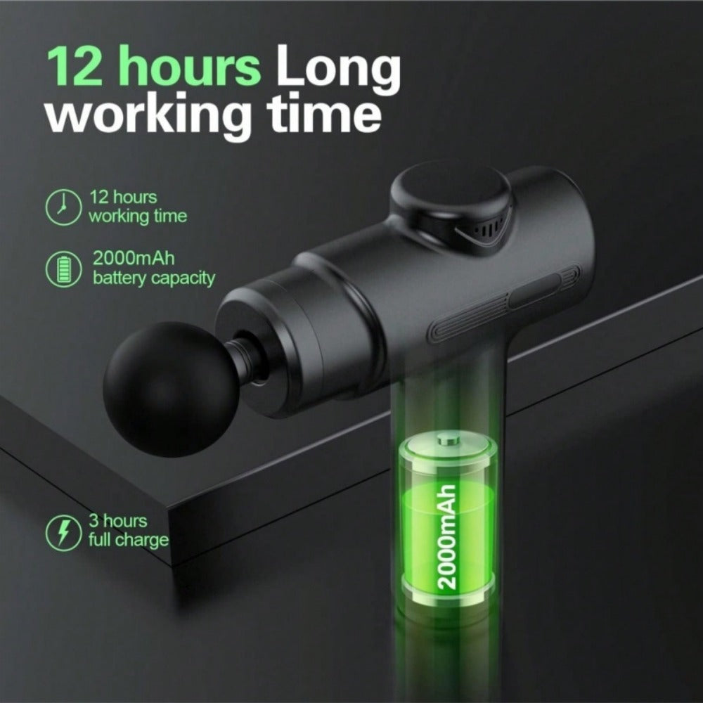 Black HLP Medical Supplies deep tissue percussion massage gun with 8 massage heads for athletes and muscle recovery.