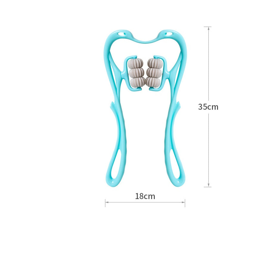 Blue HLP Medical Supplies six-wheel manual neck massager for pain relief and muscle recovery, featuring a multifunctional roller design.