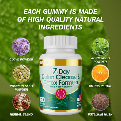 Bottle of HLP Medical Supplies 7-Day Colon Cleanse & Detox Formula capsules, dietary supplement for digestive health.