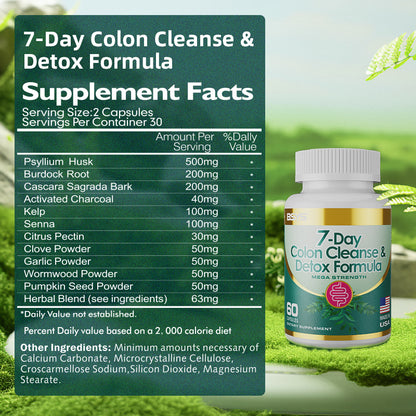 Bottle of HLP Medical Supplies 7-Day Colon Cleanse & Detox Formula capsules, dietary supplements for gut health and detox.