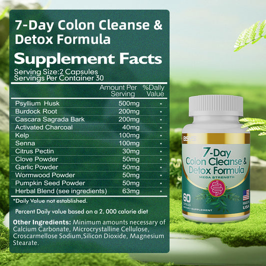 Bottle of HLP Medical Supplies 7-Day Colon Cleanse & Detox Formula capsules, dietary supplements for gut health and detox.