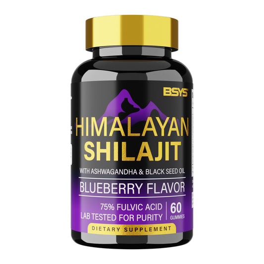 HLP Medical Supplies BSYS Shilajit Gummies supplement bottle containing 60 gummies, dietary supplement for natural wellness.