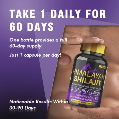 Bottle of BSYS Shilajit Gummies supplements by HLP Medical Supplies, showing 60 gummies in a clear container.