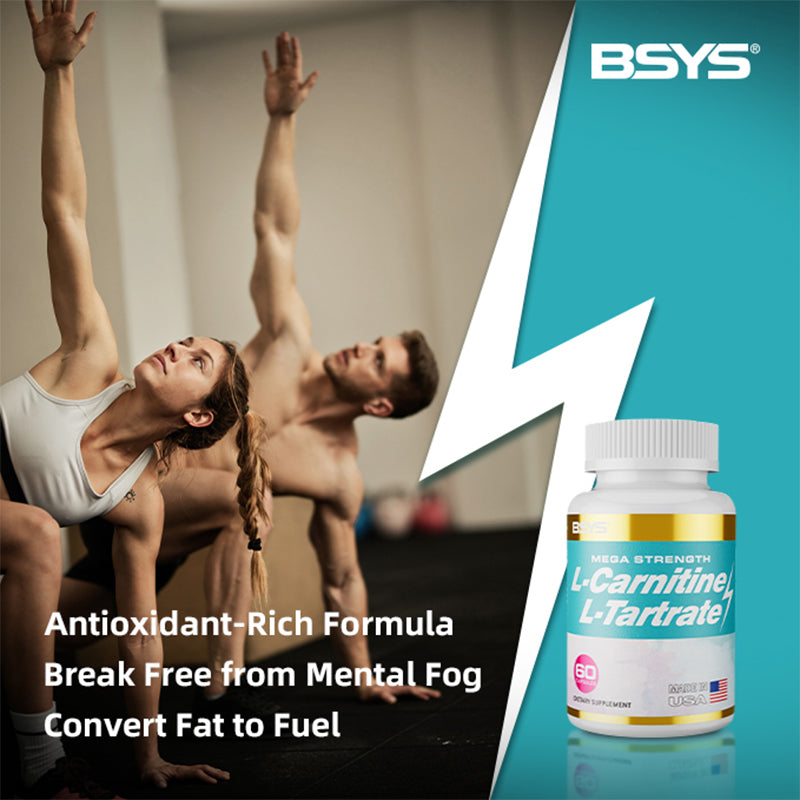 HLP Medical Supplies L-Carnitine L-Tartrate capsules in a supplement bottle, used for energy and fat metabolism.