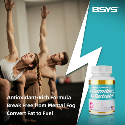 HLP Medical Supplies L-Carnitine L-Tartrate capsules in a supplement bottle, used for energy and fat metabolism.