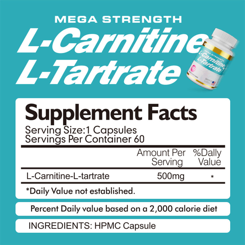 L-Carnitine L-Tartrate capsules supplement by HLP Medical Supplies, showing a bottle of dietary capsules on a white background.