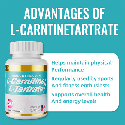 Bottle of HLP Medical Supplies L-Carnitine L-Tartrate capsules, dietary supplement in a clear container with a label.