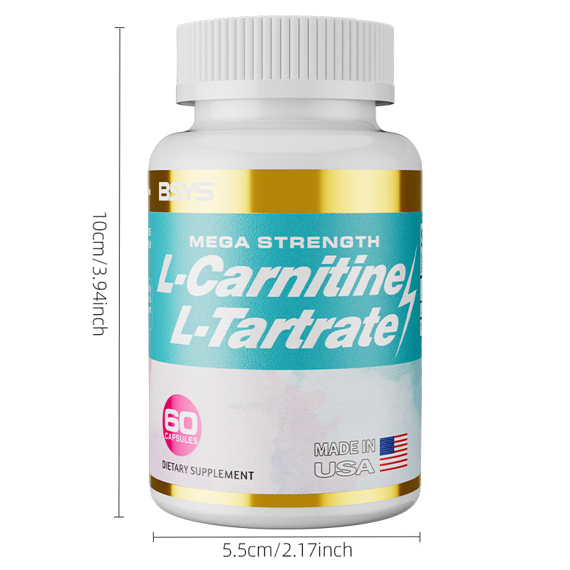 L-Carnitine L-Tartrate capsules supplement in a bottle, designed for fitness and energy support, by HLP Medical Supplies.