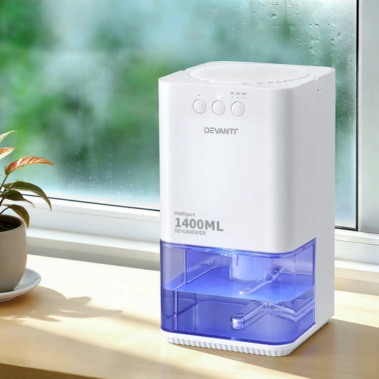 Devanti 1400ML portable dehumidifier in white with sleep mode, timer, and auto-off for bedroom moisture control.