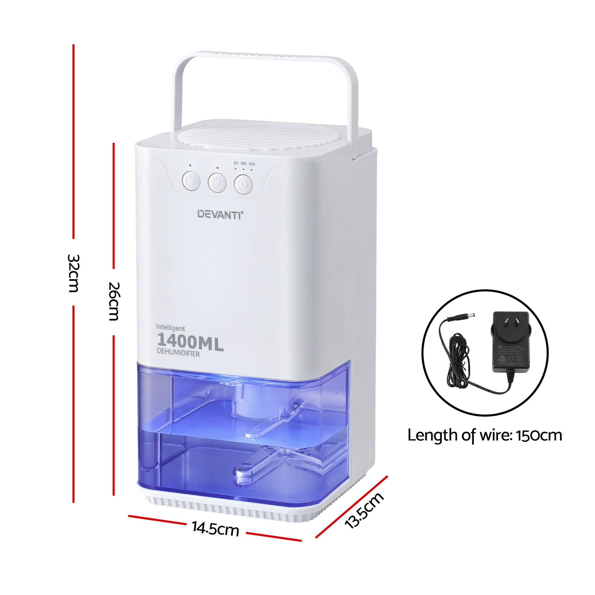 Devanti 1400ML portable dehumidifier in white with sleep mode, timer, and auto-off features for bedroom moisture control.