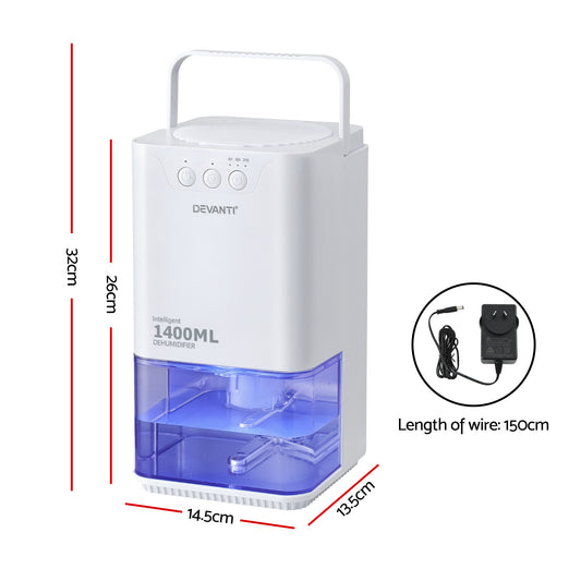 Devanti 1400ML portable dehumidifier in white with sleep mode, timer, and auto-off features for bedroom moisture control.