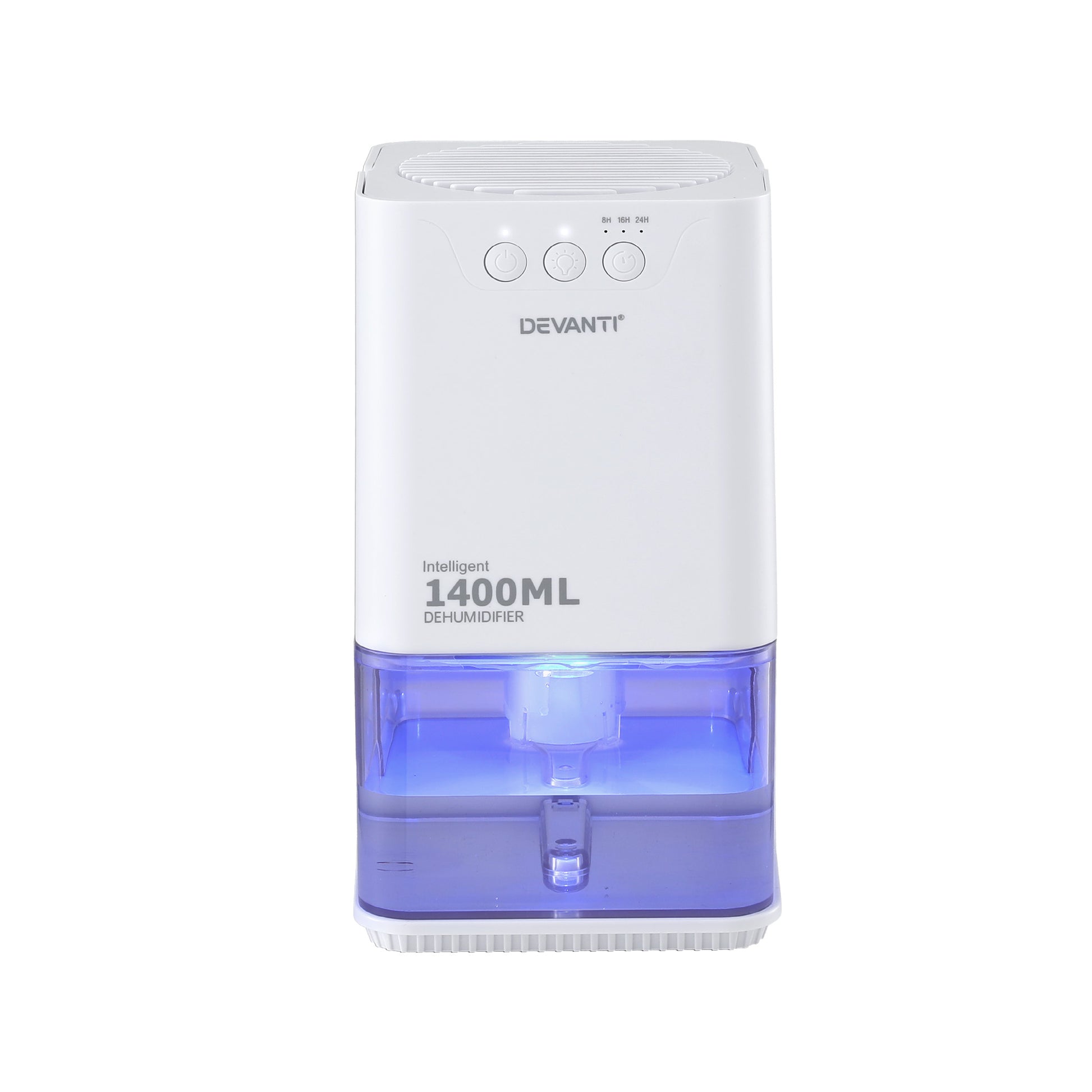 Devanti 1400ML portable dehumidifier by Hlpmedical in white, featuring quiet sleep mode, timer, and auto-off for bedroom use.