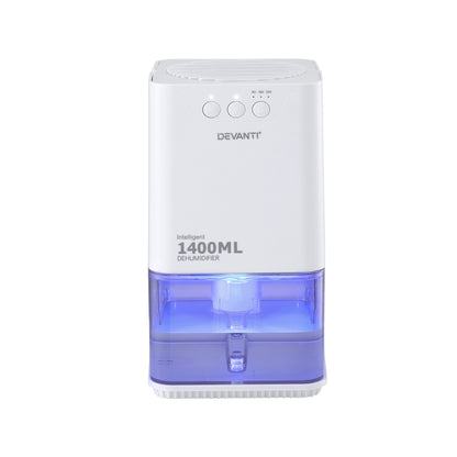 Devanti 1400ML portable dehumidifier by Hlpmedical in white, featuring quiet sleep mode, timer, and auto-off for bedroom use.