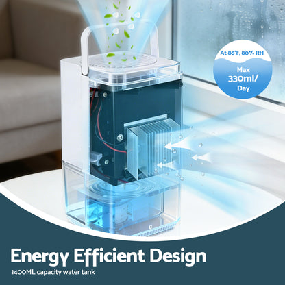 Devanti 1400ML portable dehumidifier in white, with quiet sleep mode, timer, and auto-off feature for bedroom moisture control.